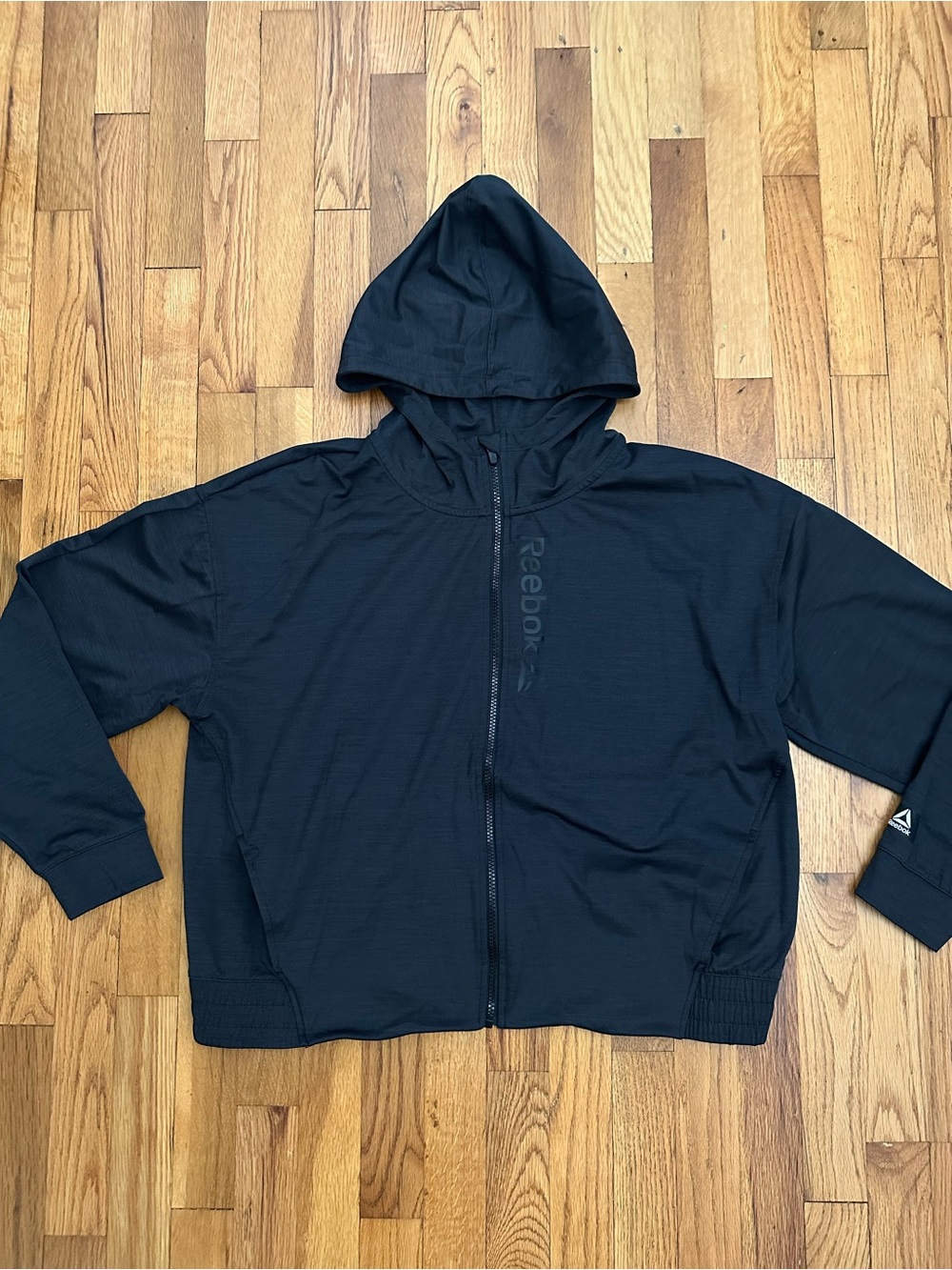 Reebok Women’s Flex Performance Crooped Black Full-Zip Hooded Windbreaker Jacket